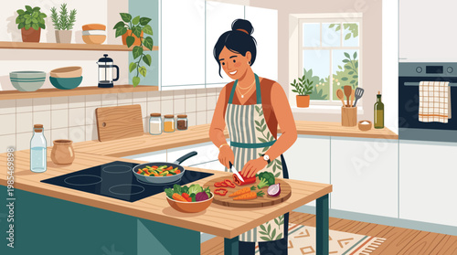 Happy Young Woman Chopping Fresh Vegetables in Modern Kitchen Flat Vector Illustration