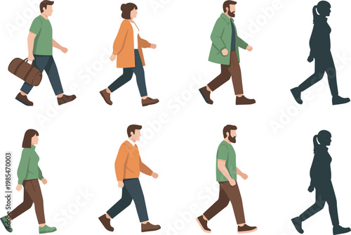 Walking People Character Set, Flat Vector Illustration of Men and Women in Casual Outfits and Silhouettes for Modern Urban Life Concepts