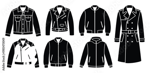 Collection of stylish outerwear jackets and coats representing various fashion apparel suitable for clothing catalogs and wardrobe concepts