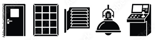 Essential graphic icons portraying architectural and industrial elements including a door, gridded window, louvered vent, hanging lamp, and control panel, perfect for engineering diagrams