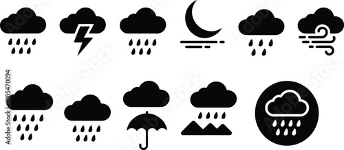 Weather icons set clouds rain lightning moon sun and umbrella