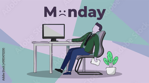 Illustration of a tired businessman struggling with Monday blues at work