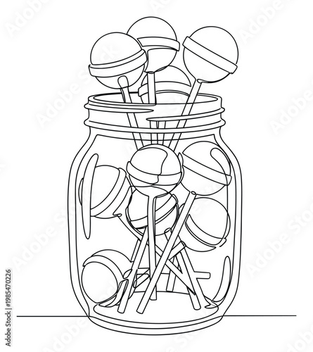Continuous line drawing of numerous sweet round lollipops in a glass mason jar, perfect for confectionery branding, childrens party invitations, or candy store decor.