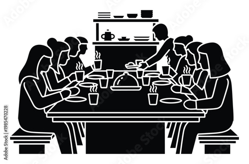 Group of people enjoying a meal together at a long table, with one person serving food from a buffet, ideal for concepts of community dining and social events