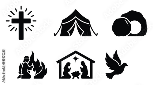 Fundamental Christian symbols illustrating core spiritual narratives including cross, nativity, resurrection, and divine presence, perfect for religious education and faithbased content