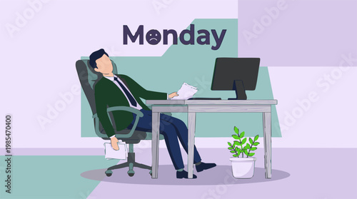 Monday blues concept with tired man experiencing work exhaustion at desk