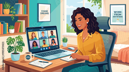 Home Office Young Black Woman on Video Conference Call Writing Notes Illustration