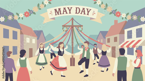 Photos May Day celebration, traditional folk dance around maypole with ribbons