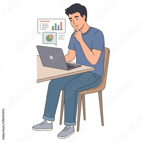 A man sits at a desk analyzing data on his laptop with graphs.