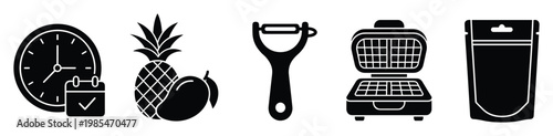 Essential kitchen and food preparation tools and ingredients depicted as a collection of graphic symbols for cooking application interfaces and culinary website resources
