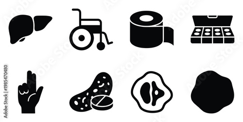 Collection of diverse healthcare and medical icons depicting human organ, disability aid, hygiene product, medication, hand gesture, bacteria, and microscopic organisms for health and