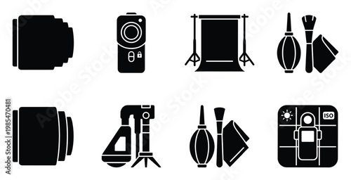 Comprehensive collection of photography essentials featuring camera lenses, studio background stands, remote trigger, and cleaning supplies for successful photo shoots