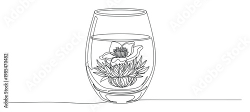 Single unbroken line sketch of a flowering tea infusion gracefully opening in a modern stemless glass, suitable for natural drink promotions or spa marketing materials