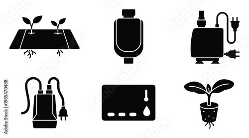 Essential hydroponic system components and plant cultivation equipment set for modern indoor gardening projects and agricultural technology presentations