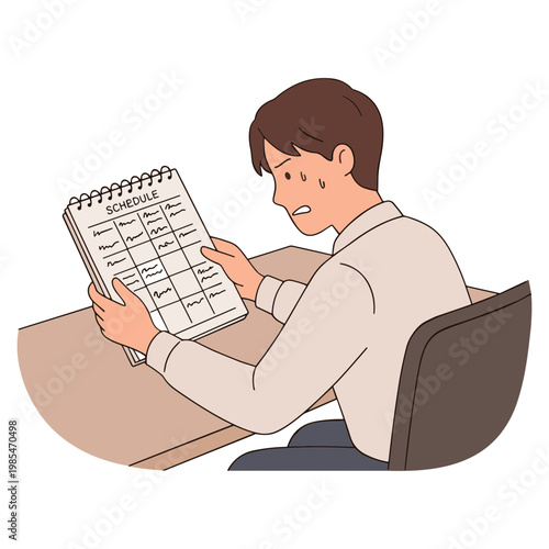 Man sitting at a desk looking at a calendar with concern