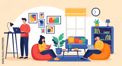 People working and studying in a cozy home environment.