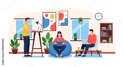 People working and studying in a cozy home environment.