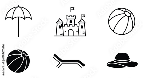 Summer vacation icons featuring an umbrella, sandcastle, beach ball, lounge chair, and sun hat, perfect for travel advertisements and holiday promotions.