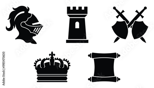 Classic medieval insignia collection with knight armor, castle turret, combat weapons, king crown, and decree parchment suitable for historical branding or fantasy game interfaces