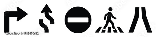 Essential black and white roadway guidance symbols including directional arrows, no entry, pedestrian crossing, and road warning icons for transportation and urban planning.