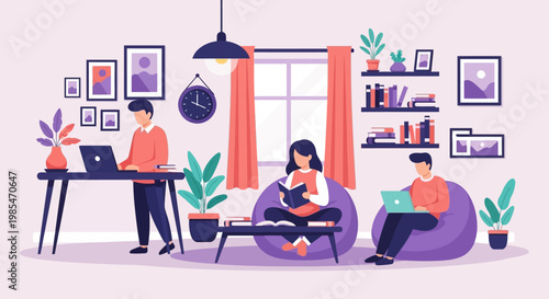 People working and studying in a cozy home environment.