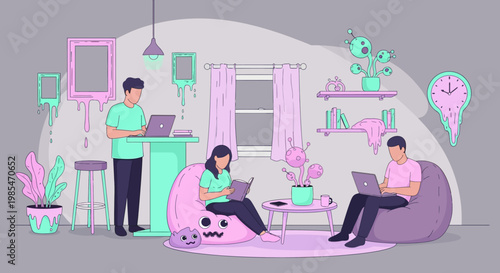 People working and studying in a cozy home environment.