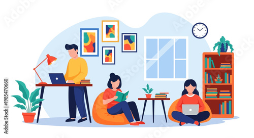 People working and studying in a cozy home environment.