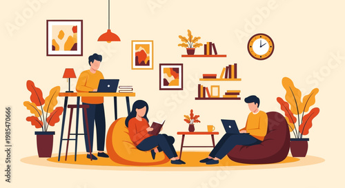 People working and studying in a cozy home environment.