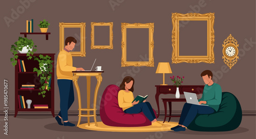 People working and studying in a cozy home environment.