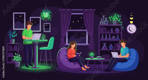 People working and studying in a cozy home environment at night.