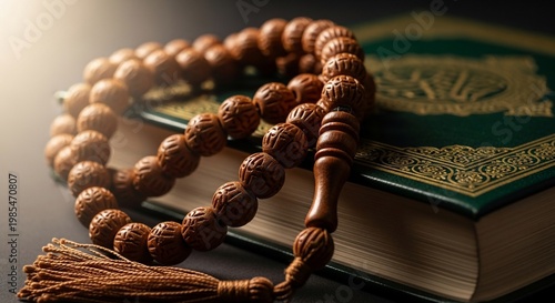 A close-up shot of Islamic prayer beads resting on an open Quran, symbolizing faith and devotion.
