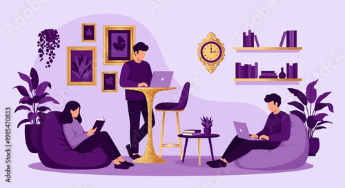 People working on laptops in a cozy coworking space.