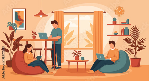 People working on laptops in a cozy home environment.