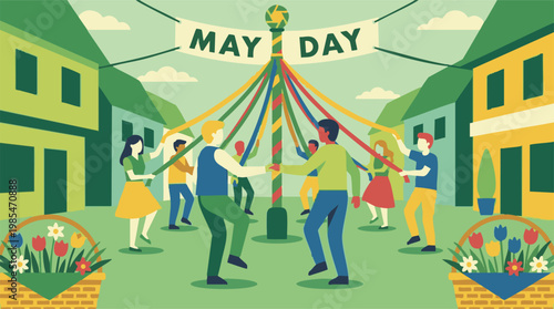 Flat illustration of May Day celebration with people dancing around a maypole