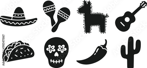 Mexican Culture and Fiesta Celebration Icon Set – Traditional Black Vector Symbols for Cinco de Mayo
