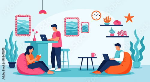 People working on laptops in a cozy living room setting.