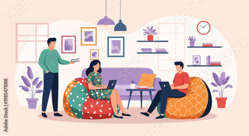 People working on laptops in a cozy living room setting.