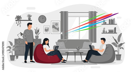 People working on laptops in a cozy living room setting.