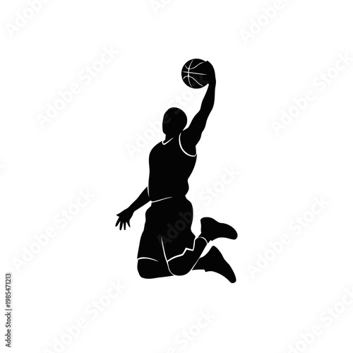 Basketball player performs an impressive slam dunk maneuver while suspended in the air to score points for the team.