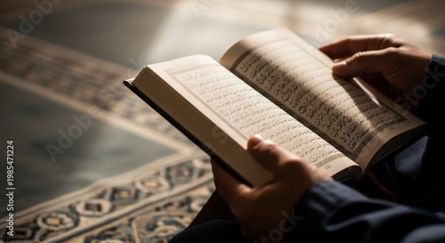 A person's hands holding an open book, illuminated by soft sunlight streaming from above.