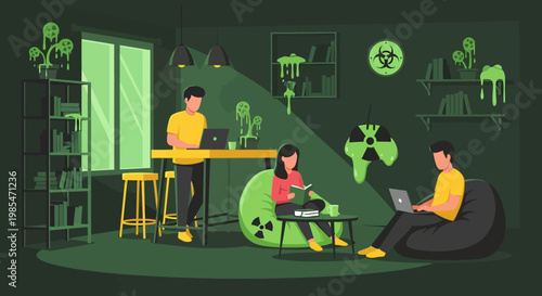 People working on laptops in a dimly lit room.