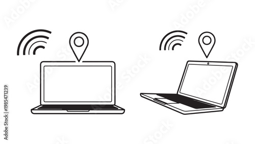 Modern laptop computers with wireless Wi-Fi signal and GPS location pin icons, representing digital connectivity, remote work, and mobile technology in a clean line art style.