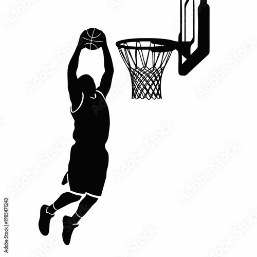 Basketball player performs a powerful slam dunk into the hoop as a black silhouette on a pure white background.