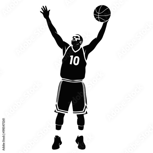 Basketball player wearing jersey number ten performs a jump shot while holding the ball high above his head in a black silhouette style graphic that is isolated on a white background.