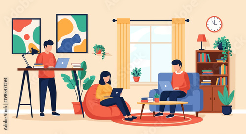 People working remotely in a cozy home office setting.