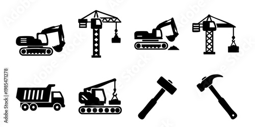 Construction equipment icons including excavators and cranes are shown.