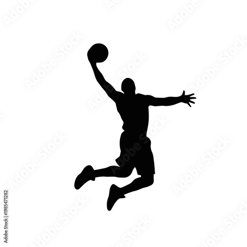 Basketball player jumps high to perform a powerful slam dunk maneuver in this athletic silhouette.