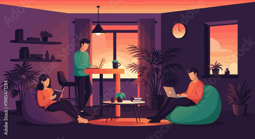 People working remotely in a cozy home office setting.
