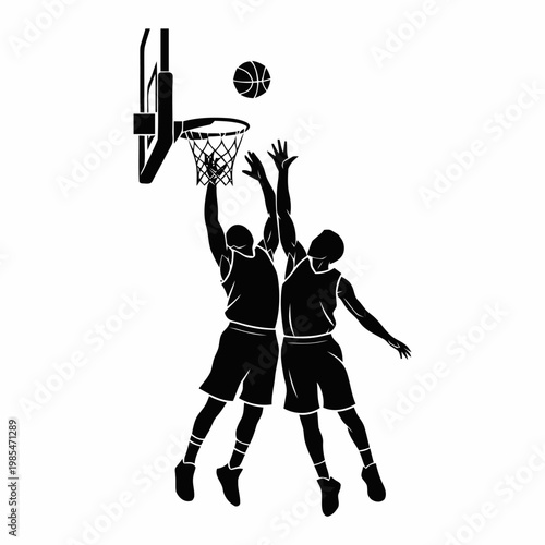 Basketball players compete for a rebound at the hoop in this intense action-oriented silhouette illustration featuring two athletes.