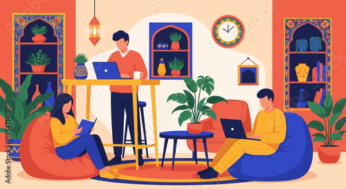 People working and studying in a cozy home office environment.